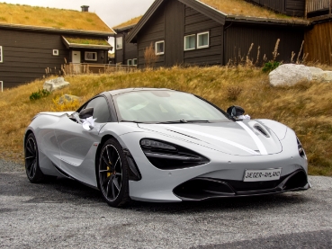 草屋根の建物の前に駐車されたシルバーのスポーツカー